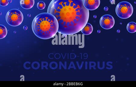 Futuristic Coronavirus or Covid-19 web banner template with glowing virus cell on realistic glossy ball on dark blue. Stock Vector