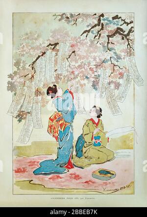 Illustration of two geisha entitled 'Calendrier pour 1885' by Yamamoto published on December 1st, 1884 in the monthly magazine 'Paris illustré'.