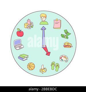 Cartoon clock time with icons for productivity and schedule vector graphic illustration Stock Vector