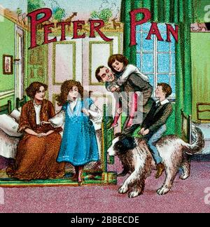 Childhood adventures of Peter Pan and the mythical island of Neverland , a fictional character created by Scottish novelist and playwright J. M. Barrie.  These are animated colour illustrations from around the year 1900. Stock Photo