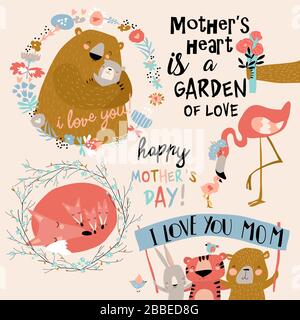 Set of cute illustrations for Mothers Day in cartoon style Stock Vector