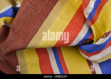 Multicolored crumpled homespun fabric texture Stock Photo