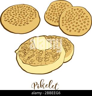 Colored drawing of Pikelet bread. Vector illustration of Pancake food, usually known in United Kingdom, Scotland. Colored Bread sketches. Stock Vector