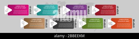 Vector template shape infographic. Business concept with 8 arrows and labels. Eight steps for graph, diagrams, slideshow Stock Vector