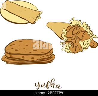 Colored drawing of Yufka bread. Vector illustration of Flatbread food, usually known in Turkey, Bulgaria. Colored Bread sketches. Stock Vector