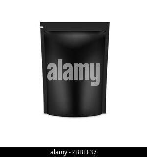Realistic vector mock up plastic Black Food Stand Up Flexible Pouch Sachet Stock Vector