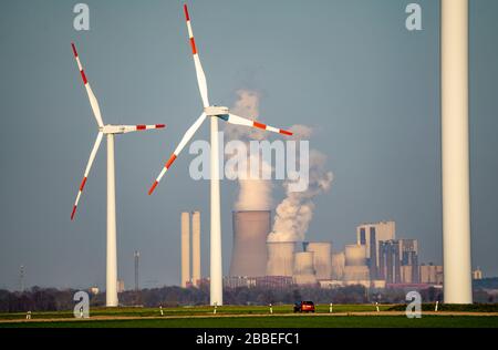 Wind power stations, wind farm, Neurath lignite-fired power station, Rhenish lignite mining area, Germany Stock Photo