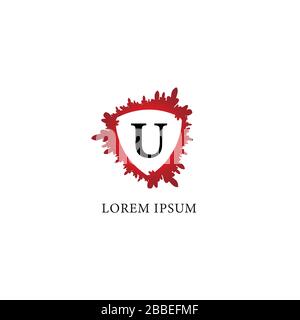 Letter U alphabet logo design template. Splash of blood with shield shape in the midle. Insurance, Protection, horror, security. Initial abjad logo co Stock Vector