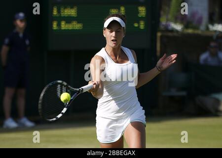 Croatia's Adrijana Lekaj in action in her match against Great Britain's Katie Boulter during day six of the Wimbledon Championships at The All England Lawn Tennis and Croquet Club, Wimbledon. Stock Photo