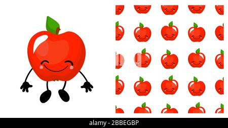 Apple character. Cute cartoon fruit. Vector illustration isolated on a white background. Fruits seamless pattern.. Stock Vector