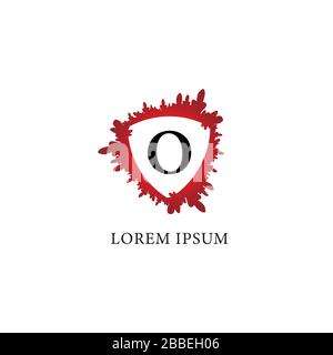 Letter O alphabet logo design template. Splash of blood with shield shape in the midle.  Initial abjad logo concept Isolated on white background. Stock Vector