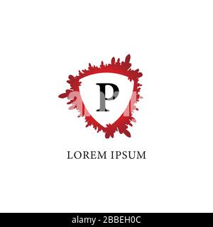 Letter P alphabet logo design template. Splash of blood with shield shape in the midle. Isolated on white background. Initial abjad logo concept. Stock Vector