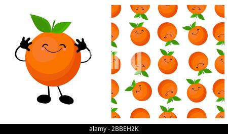 Orange character. Cute cartoon fruit. Vector illustration isolated on a white background. Citruses seamless pattern.. Stock Vector