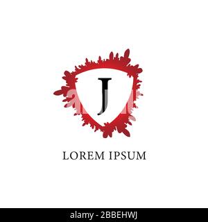 Letter J alphabet logo design template. Splash of blood with shield shape in the midle. Insurance, Protection, horror, security. Initial abjad logo co Stock Vector
