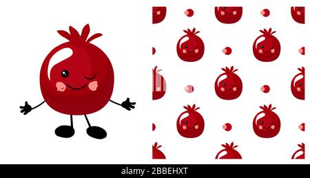 pomegranate character. Cute cartoon fruit. Vector illustration isolated on a white background. Fruits seamless pattern. Stock Vector