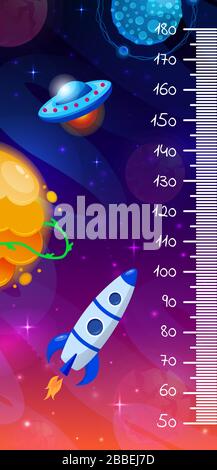 Kids space height chart, cosmic wall meter with cartoon fantasy planets and rocket. Vector template. Stock Vector