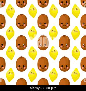 Lemon and QIWI character. Cute cartoon fruit. Vector illustration . Fruits seamless pattern. YELLOW CITRUS. Stock Vector