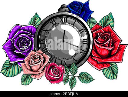 Vintage pocket watch with a pattern in roses and ornaments vector Stock Vector