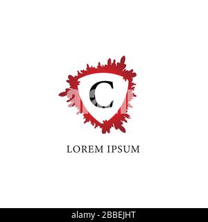 Letter C alphabet logo design template. Splash of blood with shield shape in the midle. Insurance, Protection, horror, security. Initial abjad logo Stock Vector