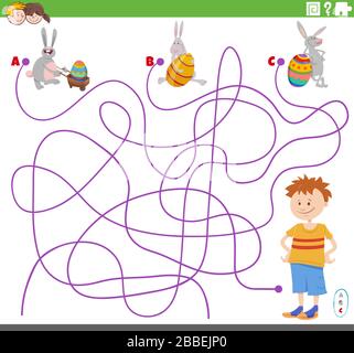 Cartoon Illustration of Lines Maze Puzzle Game with Boy and Funny Easter Bunnies Characters Stock Vector