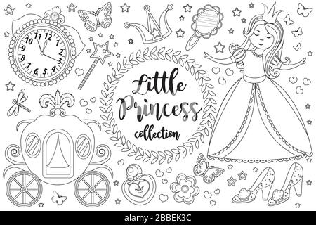 Cute little princess Cinderella set Coloring book page for kids. Collection of design element sketch outline style. Kids baby clip art funny smiling Stock Vector