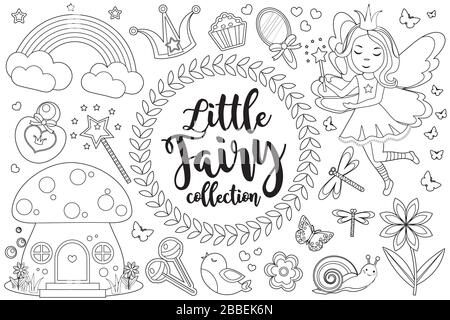 Cute little fairy set Coloring book page for kids. Collection of design element sketch outline style. Kids baby clip art funny smiling kit. Vector Stock Vector
