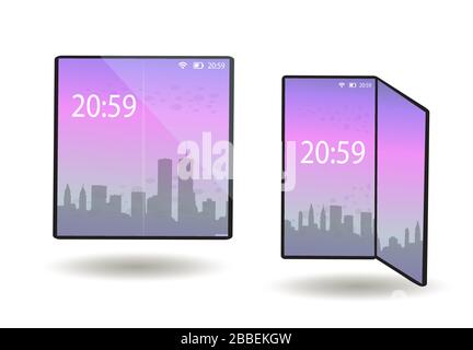Foldable phone, smartphone with a flexible screen in the folded and unfolded position. A tablet device with a bent display, modern technology. Vector Stock Vector