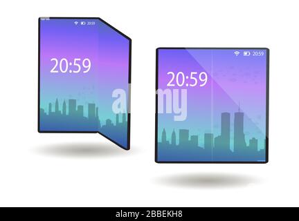 Foldable phone, smartphone with a flexible screen in the folded and unfolded position. A tablet device with a bent display, modern technology. Vector Stock Vector