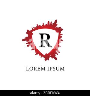 Letter R alphabet logo design template. Splash of blood with shield shape in the midle. Insurance, Protection, horror, security. Isolated on white Stock Vector