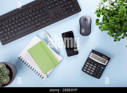 home office desk with keyboard computer smartphone notebook houseplants, workspace at home Stock Photo