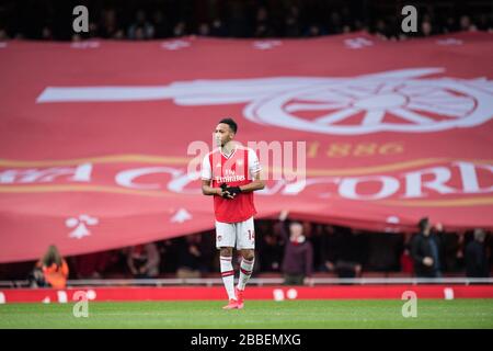 LONDON, ENGLAND - FEBRUARY 23: Pierre-Emerick Aubameyang of Arsenal FC during the Premier League match between Arsenal FC and Everton FC at Emirates S Stock Photo