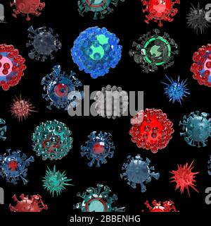 Virus cells seamless pattern on black background Stock Photo