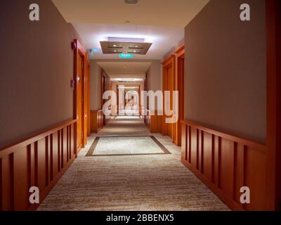 Long empty carpeted hallway / corridor in the interior of a modern hotel flanked by wooden doors Stock Photo