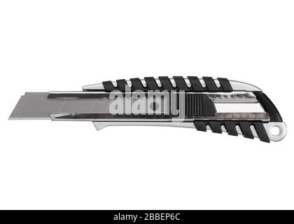 Metall stationery knife with a blade isolated on a white background Stock Photo