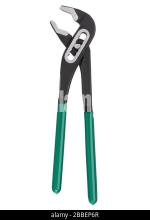 Water pump pliers with green handles isolated on white background. Adjustable Pincers Stock Photo