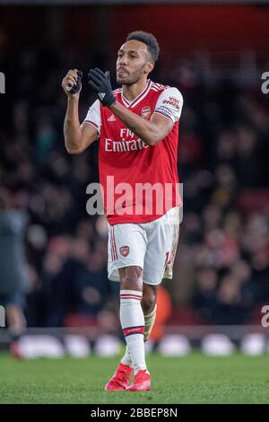 LONDON, ENGLAND - FEBRUARY 23: Pierre-Emerick Aubameyang of Arsenal FC reacts during the Premier League match between Arsenal FC and Everton FC at Emi Stock Photo