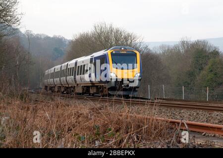 Northern Rail class 195 diesel multiple unit on the Caldervale Line, Luddenden Foot, West Yorkshire Stock Photo