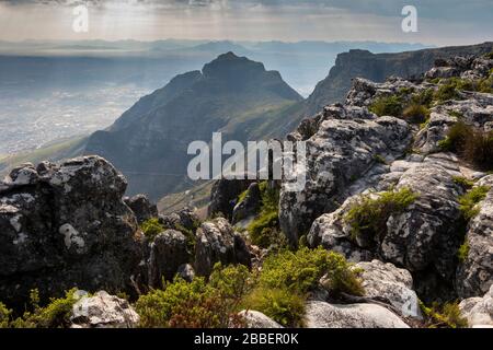 South Africa, Cape Town, Table Mountain, view down from rocky edge of Plattenklip Gorge Stock Photo