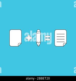 Vector illustration concept of blank paper plus pencil equals written paper. White colored, black outlines and blue background. Stock Vector
