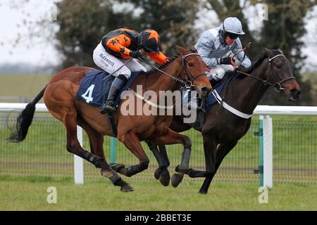 Race winner Miss Ballantyne ridden by Barry Geraghty (R) and Floral Spinner ridden by Chris Davies in jumping action in the racinguk.com Mares Novices Stock Photo