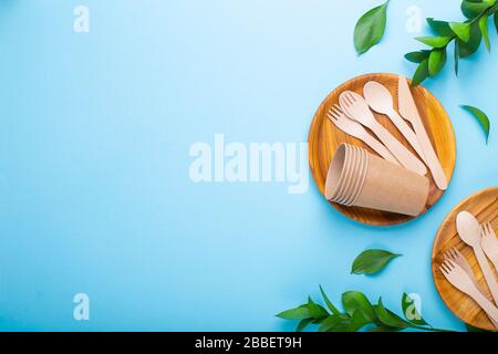 Eco-friendly tableware for food with green leaves Stock Photo