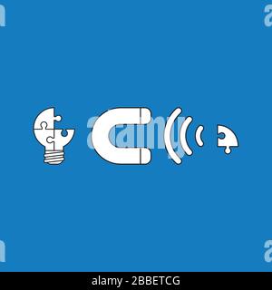 Vector illustration concept of jigsaw puzzle light bulb with magnet attracting missing puzzle piece. White colored, black outlines and blue background Stock Vector