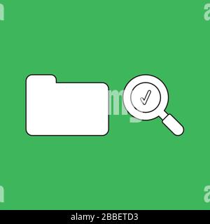 Vector illustration concept of closed folder and magnifying glass with check mark. White colored, black outlines and green background. Stock Vector