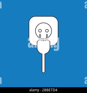 Vector illustration concept of electrical plug with cable and outlet. White colored, black outlines and blue background. Stock Vector