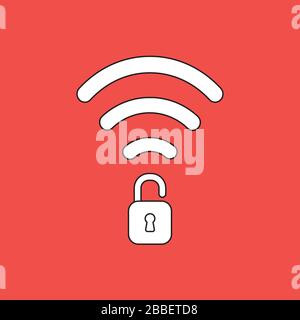 Vector illustration concept of wifi wireless symbol with opened unlocked padlock. White colored, black outlines and red background. Stock Vector