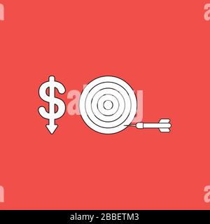 Vector illustration concept of dollar with arrow moving down and bulls eye with dart miss the target. White colored, black outlines and red background Stock Vector