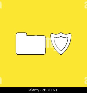 Vector illustration concept of closed folder with shield guard. White colored, black outlines and yellow background. Stock Vector