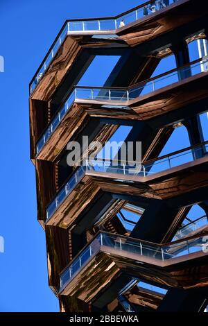 New York, USA - Sept, 2019: Low angle view of section of the Vessel (architect Thomas Heatherwick), Hudson Yards Staircase, at the Hudson Yards distri Stock Photo