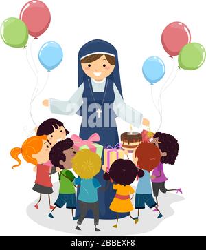 Illustration of Stickman Kids Giving Birthday Gift To a Nun From Balloons, a Cake and Other Gifts Stock Photo