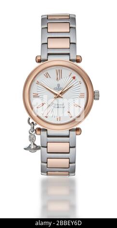Vivian Westwood branded metal bracelet watch pink and silver metallic time piece cut out Stock Photo